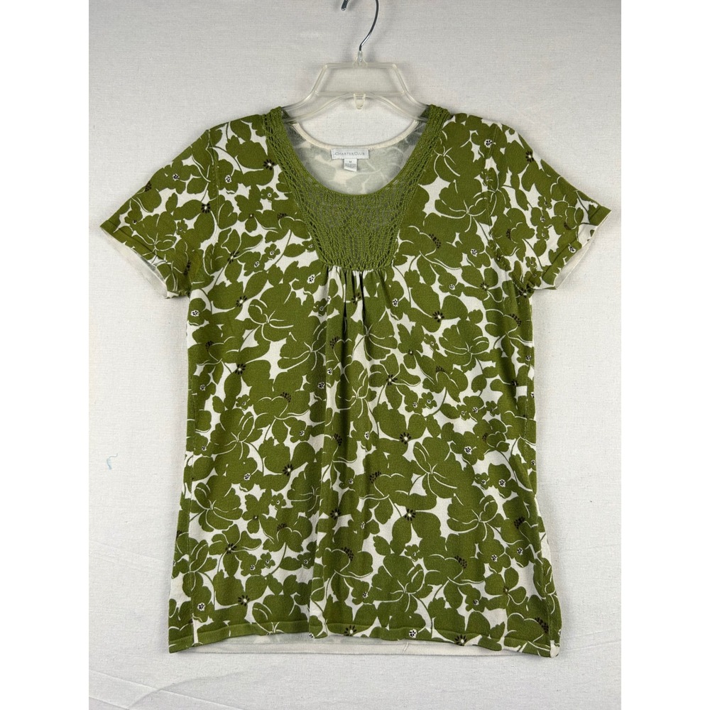Charter Club Women Green White Floral Crochet Neck Knit Top Rayon Nylon Size M